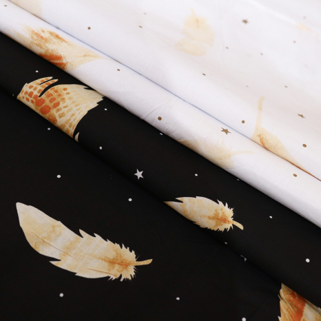 Ткань для постельного белья Бязь "Gold" Lux  "Перья (черный, оранжевые)" GL1242 (A+B) - (50м+50м)