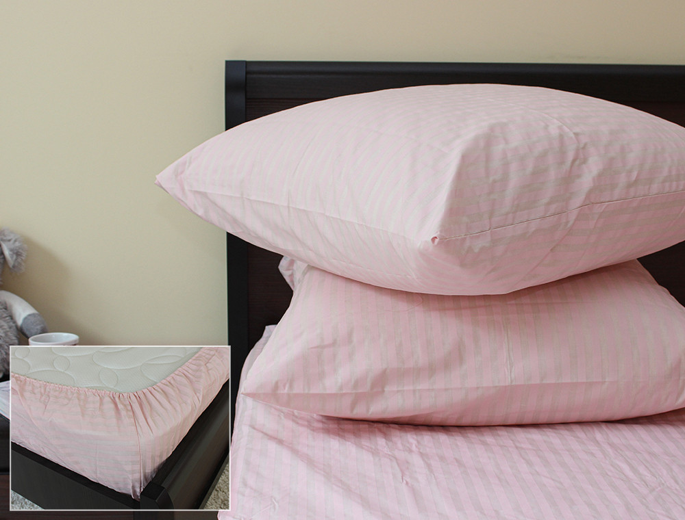 Комплект простыни на резинке с наволочками (180*200*25) розовый в полоску