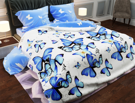 Ткань для постельного белья Бязь "Gold" Lux  "Бабочки (синий)" GL1120A