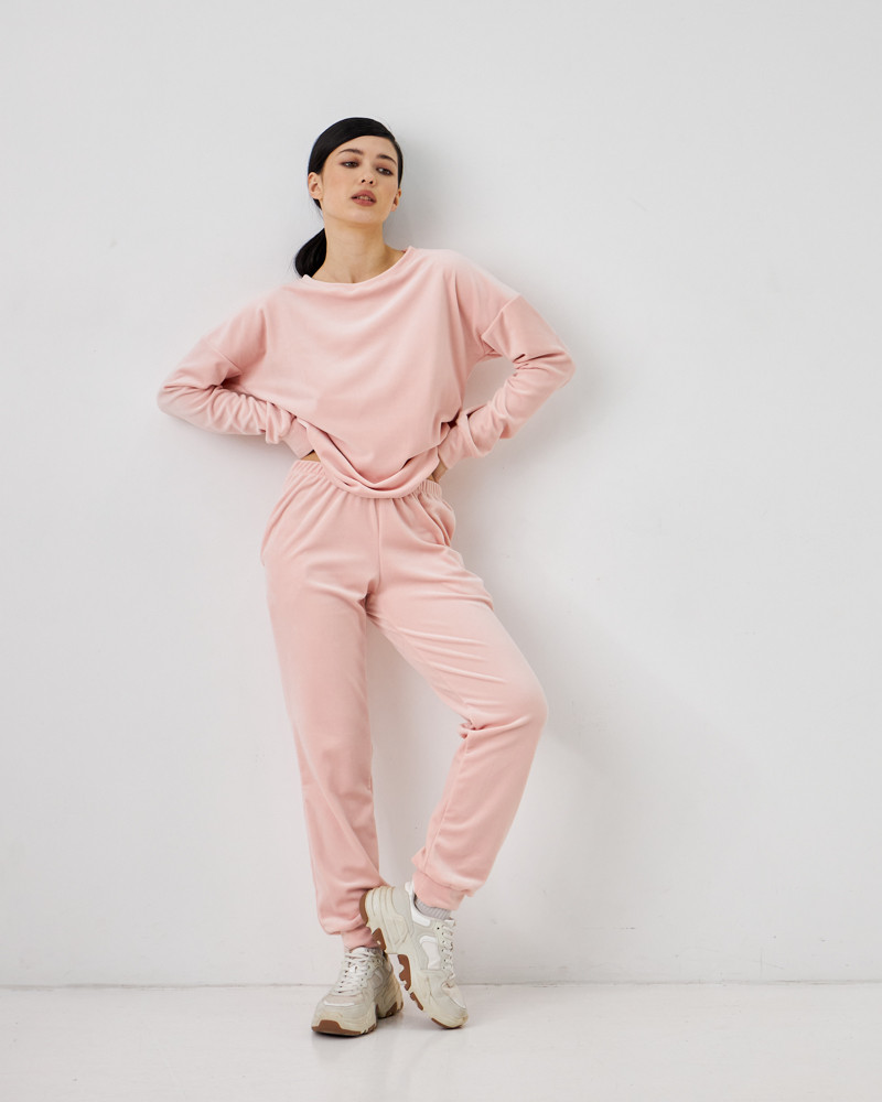 Жіночий велюровий костюм (Розмір M) пудровий №20222148