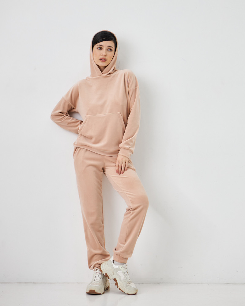 Жіночий велюровий костюм з капюшоном (Розмір S) бежевий №20222147