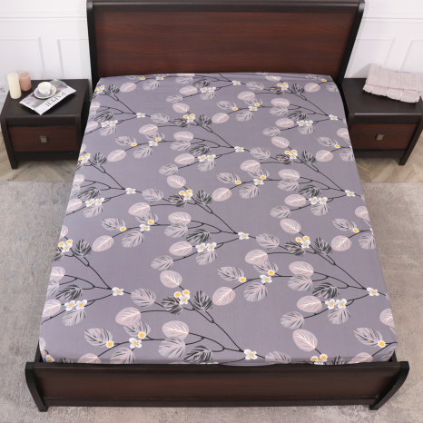 Простынь на резинке (140*200*25) серая с растительным принтом №667943