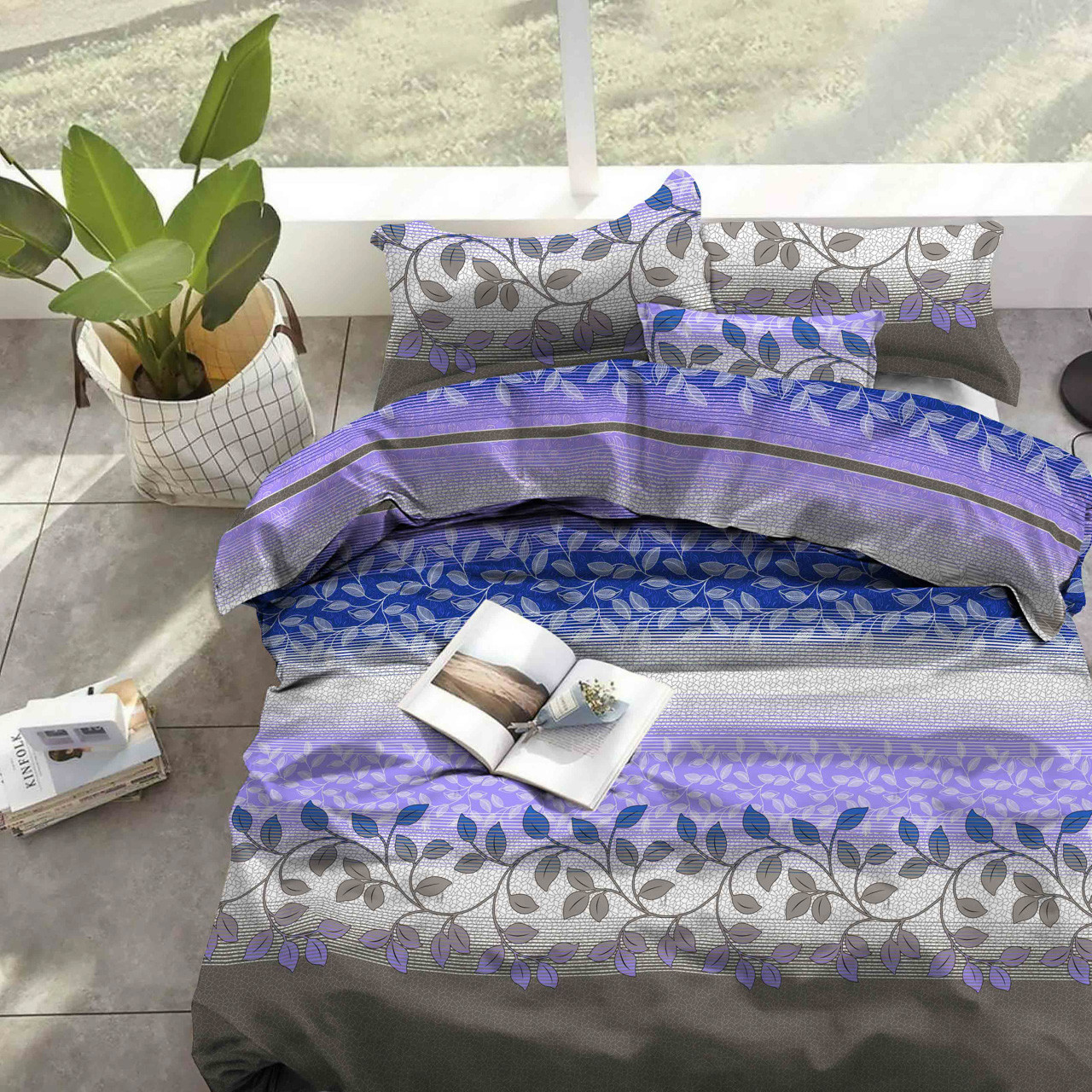 Тканина для постільної білизни Бязь "Gold" "Квітковий абстрактний принт" GLL13149blue