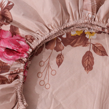 Простынь на резинке (180*200*25) бежевая с цветочным принтом №665090