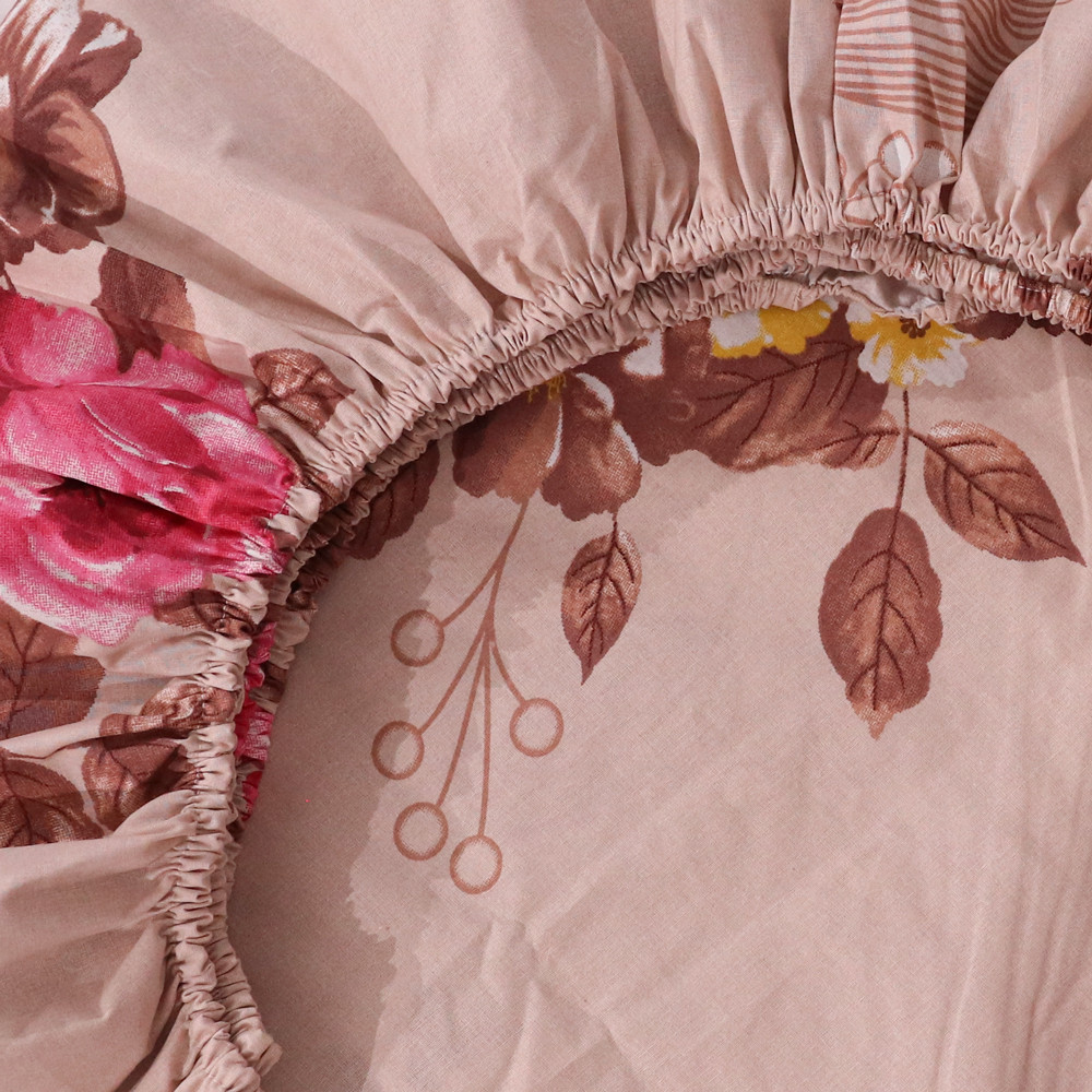 Простынь на резинке (180*200*25) бежевая с цветочным принтом №665090