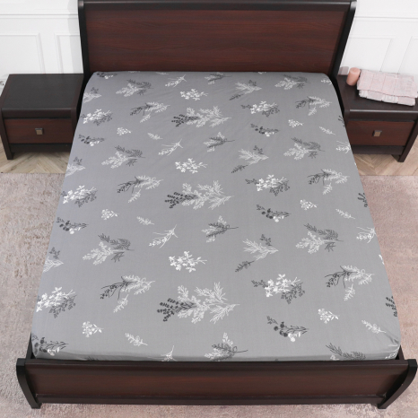 Простирадло на резинці (90*200*25) сіре з рослинним принтом №668425