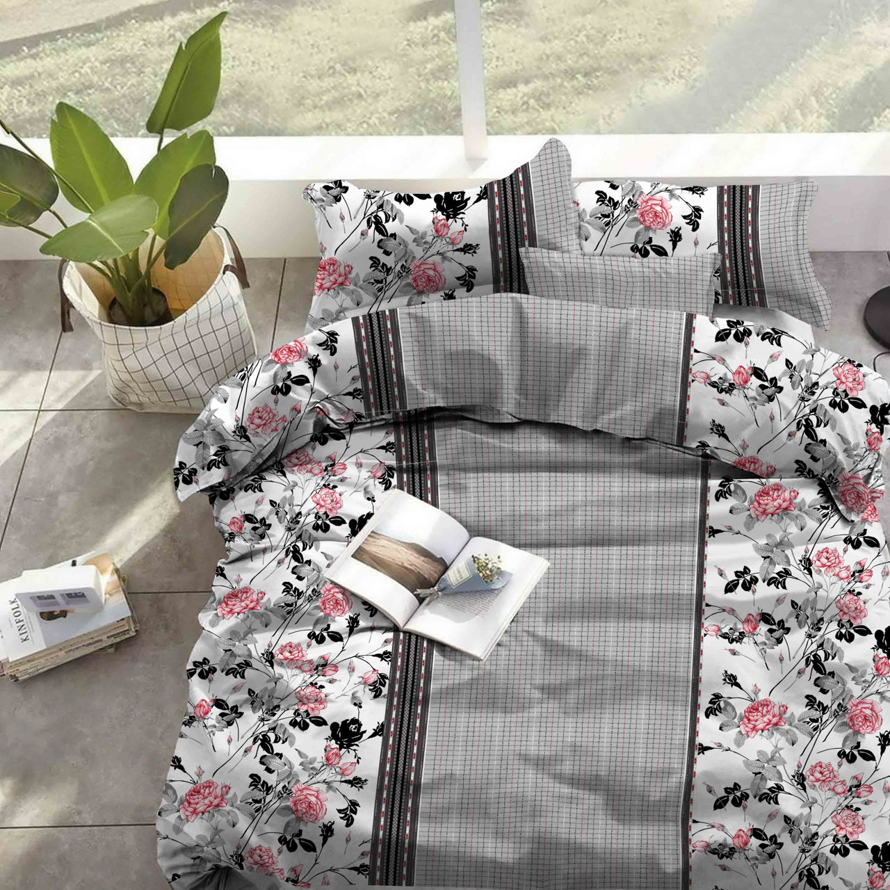 Тканина для постільної білизни Бязь "Gold" "Квітковий принт з троянд" GLL9561grey