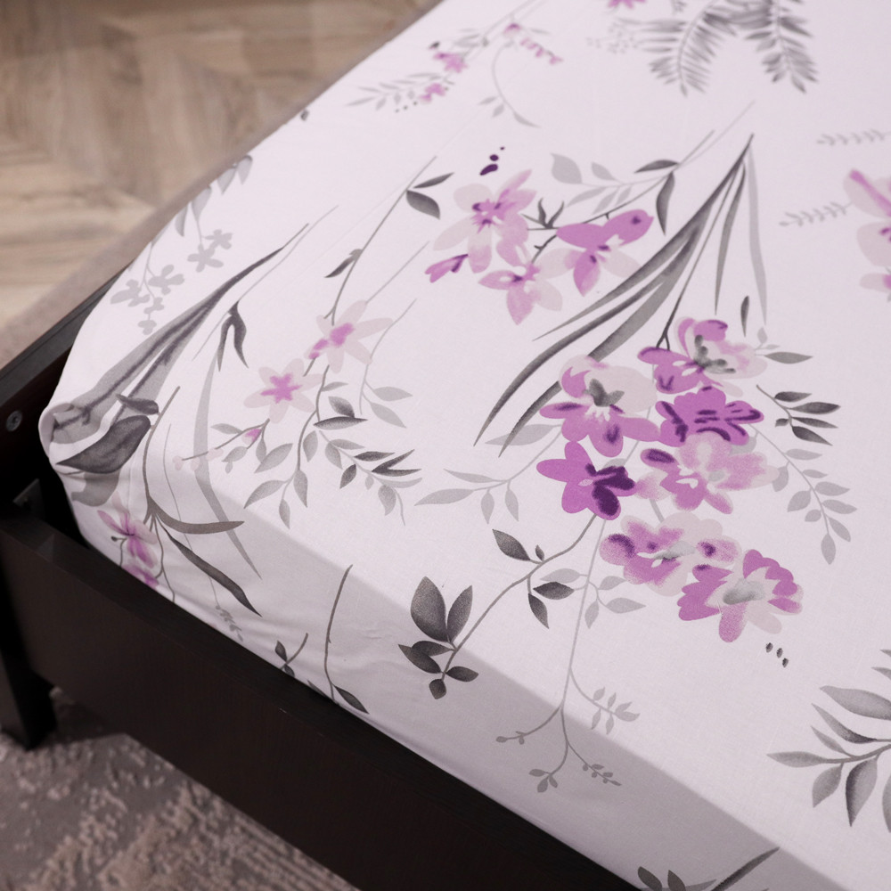 Простынь на резинке (90*200*25) белая с цветочным принтом №668300