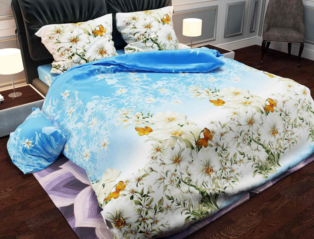 Ткань для постельного белья Бязь "Gold" Lux "Цветочная поляна (голубой)" GL161