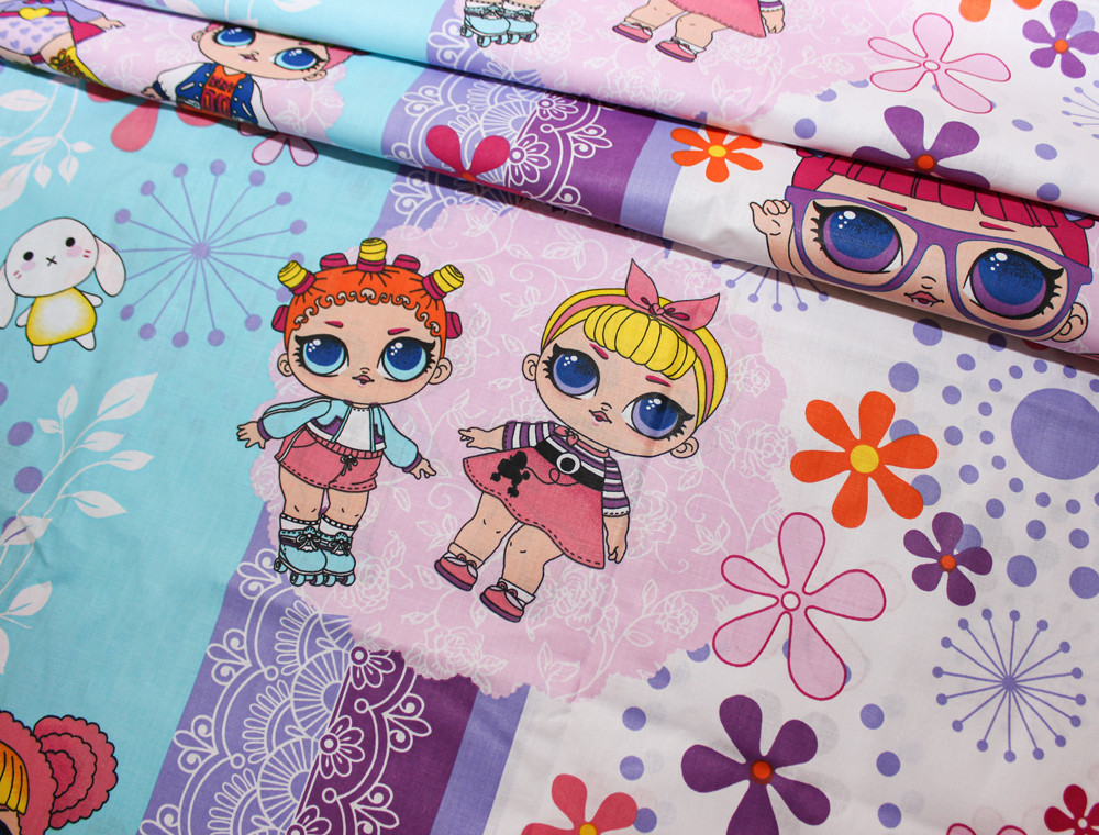 Тканина для постільної білизни Бязь "Gold" Lux дитяча "Ляльки ЛОЛ (синій)" GLB104.