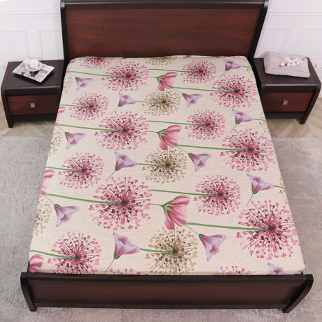 Простирадло на резинці (90*200*25) бежеве з квітковим принтом №667903