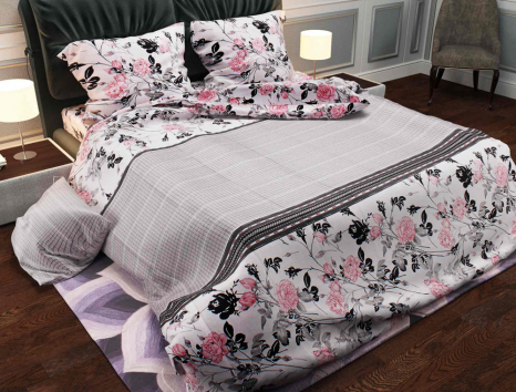 Тканина для постільної білизни Бязь "Gold" Lux "Квітковий принт (клітинка, сірий)" GL104