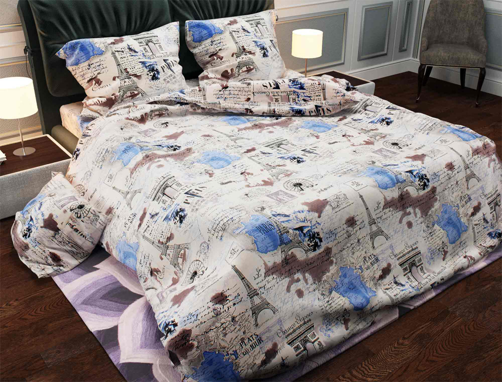 Ткань для постельного белья Бязь "Gold" Lux "Архитектура Парижа (синий)" GL669.