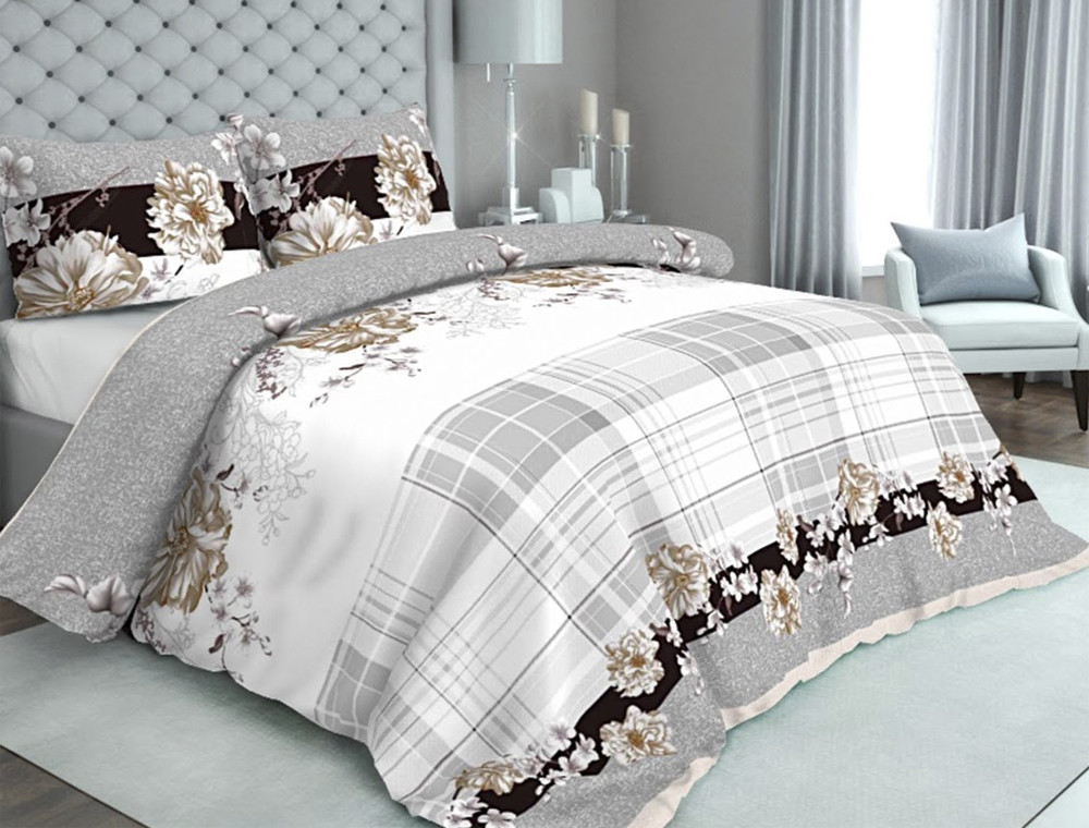 Ткань для постельного белья Бязь "Gold" Lux "Цветочный принт (клетка, белый)" GL1084. 