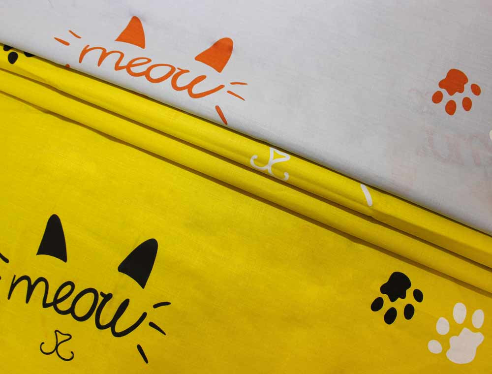 Тканина для постільної білизни Бязь "Gold" Lux "М'яу (текстовий, жовтий)" дитяча GLB149 (A+B) - (50м+50м)