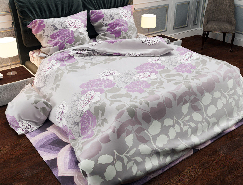 Тканина для постільної білизни Бязь "Gold" Lux "Квітковий принт (крупний, сірий)"  GL954