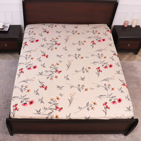 Простынь на резинке (90*200*25) бежевая с цветочным принтом №668199
