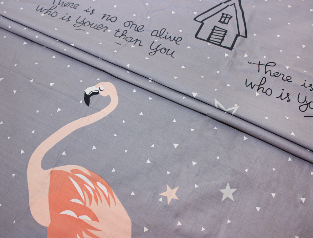 Ткань для постельного белья Бязь "Gold" Lux "Яркие фламинго (серый)" GL653