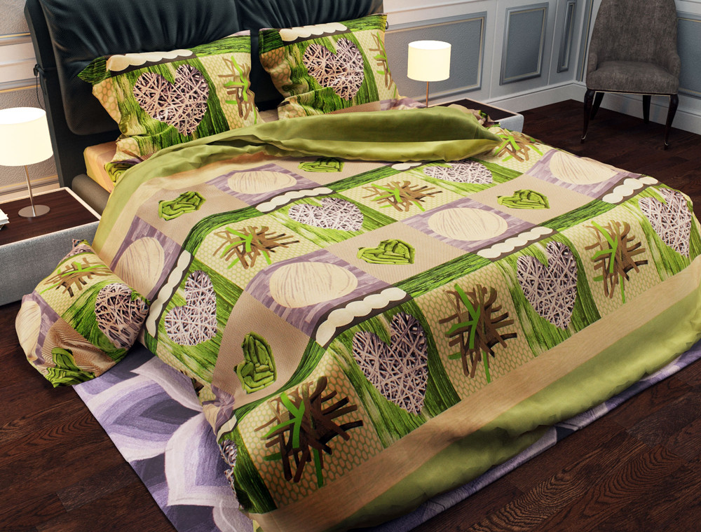 Тканина для постільної білизни Бязь "Gold" Lux "Серця (зелений, клітинка)" GL933