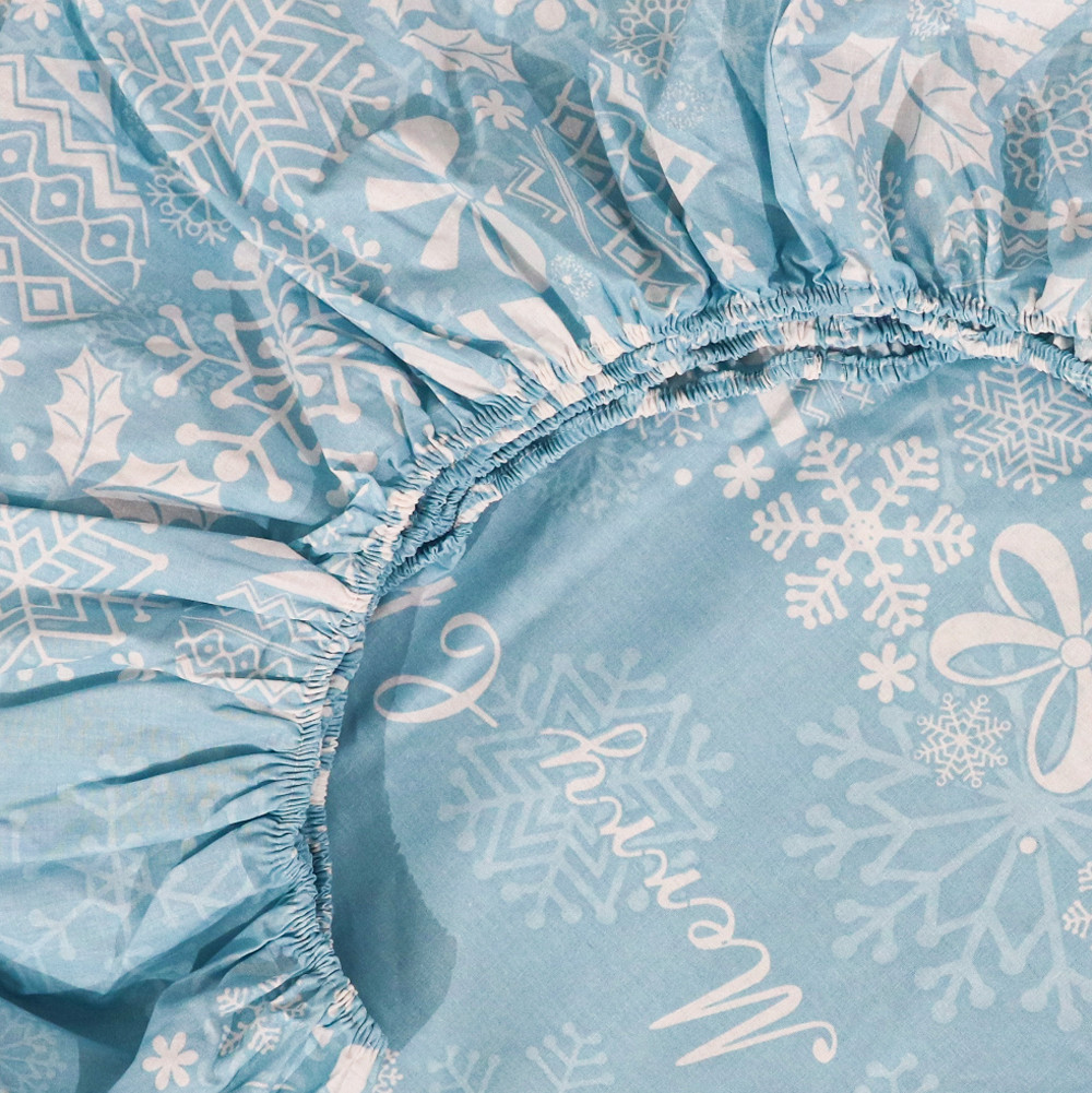 Простирадло на резинці (90*200*25) блакитне з новорічним принтом №661140