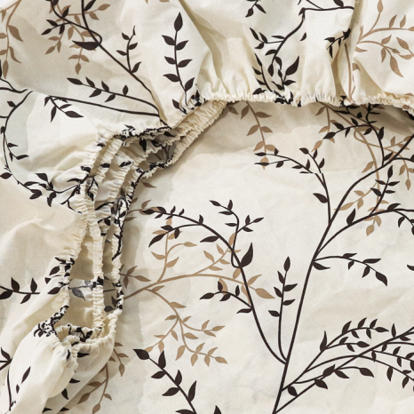 Простынь на резинке (180*200*25) бежевая с растительным принтом №663307