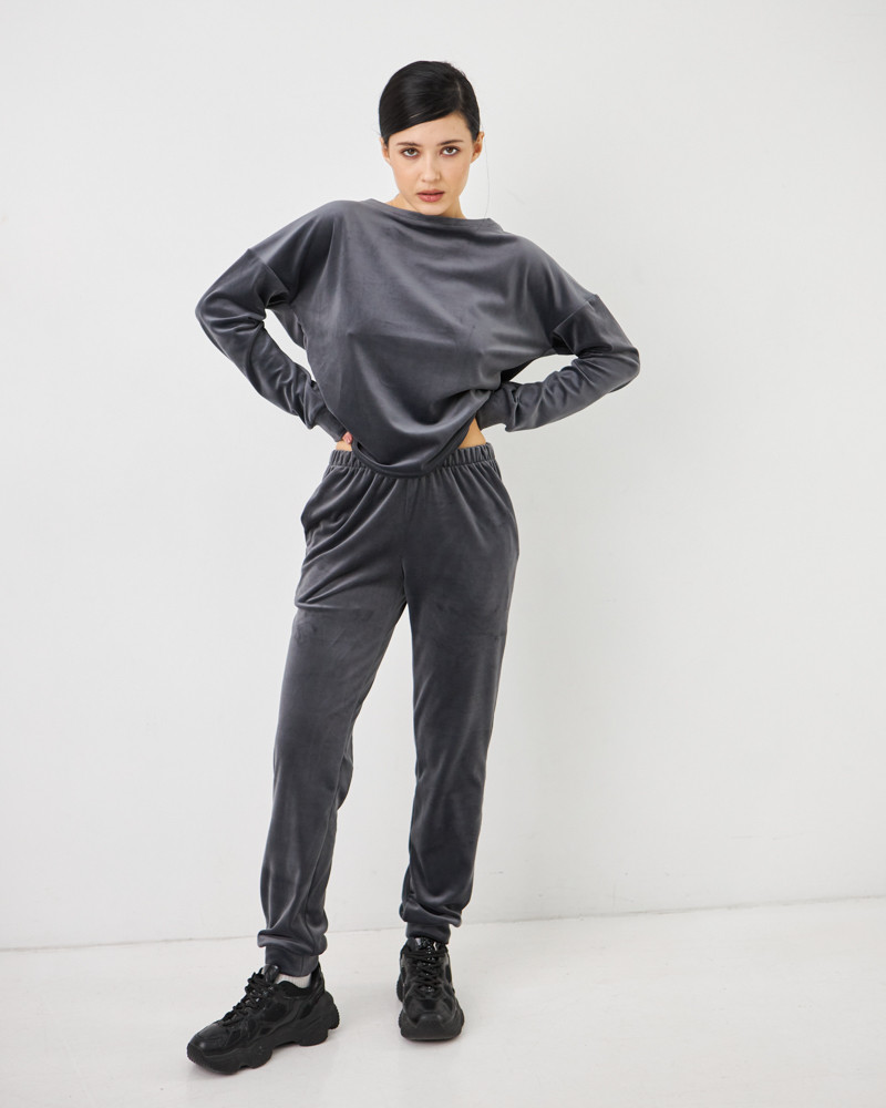 Жіночий велюровий костюм (Розмір M) графітовий №20222150