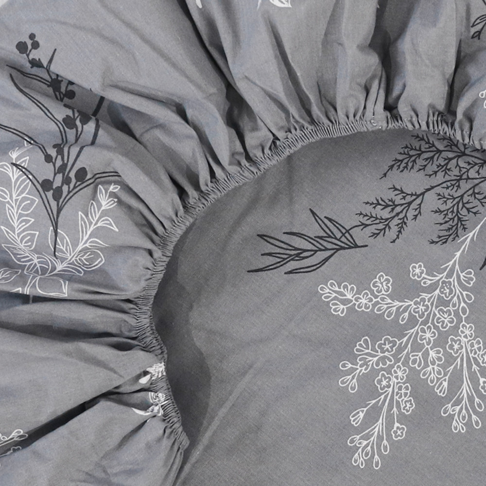 Простирадло на резинці (90*200*25) сіре з рослинним принтом №668425