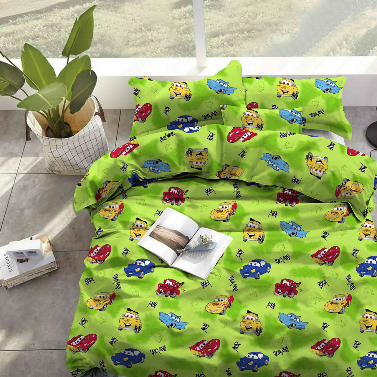 Тканина для постільної білизни Бязь "Gold" дитяча "Тачки" GLLB13456green