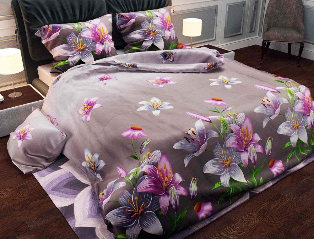 Ткань для постельного белья Бязь "Gold" Lux "Цветочный принт (серый)" GL495