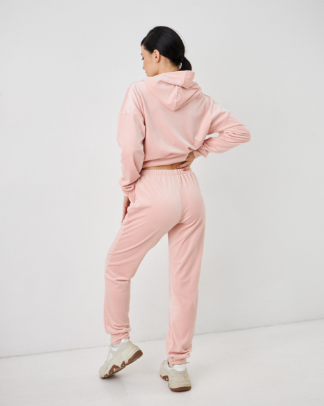 Жіночий велюровий костюм з капюшоном (Розмір L) пудровий №20222144