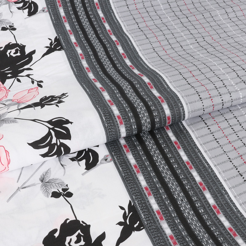 Тканина для постільної білизни Бязь "Gold" Lux "Квітковий принт (клітинка, сірий)" GL104