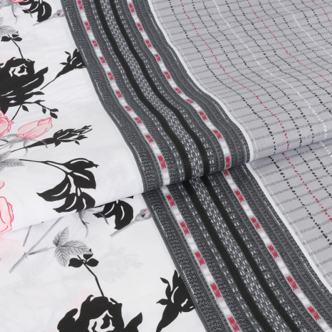 Тканина для постільної білизни Бязь "Gold" Lux "Квітковий принт (клітинка, сірий)" GL104