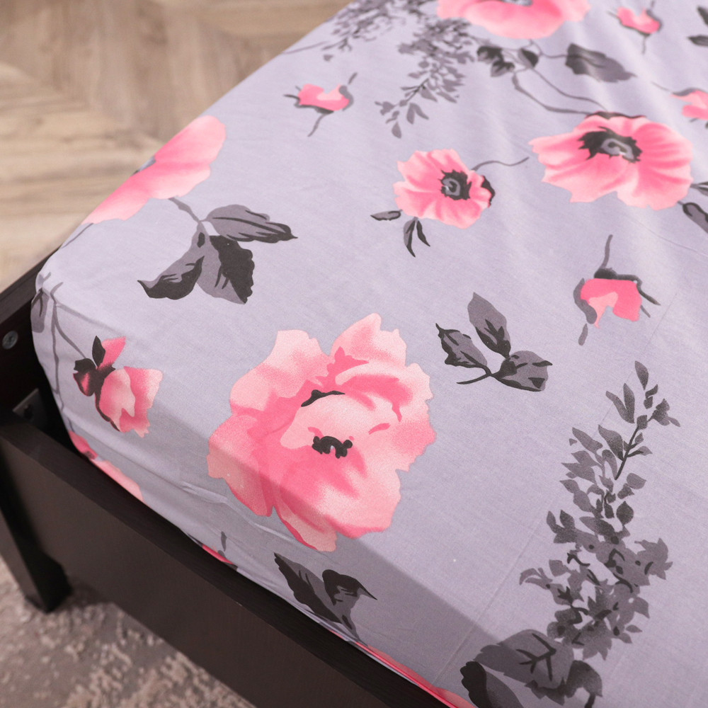 Простирадло на резинці (90*200*25) сіре з квітковим принтом №662614