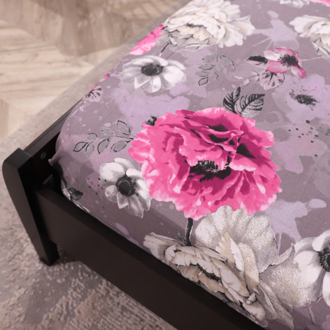 Простынь на резинке (180*200*25) серая с цветочным принтом №667785