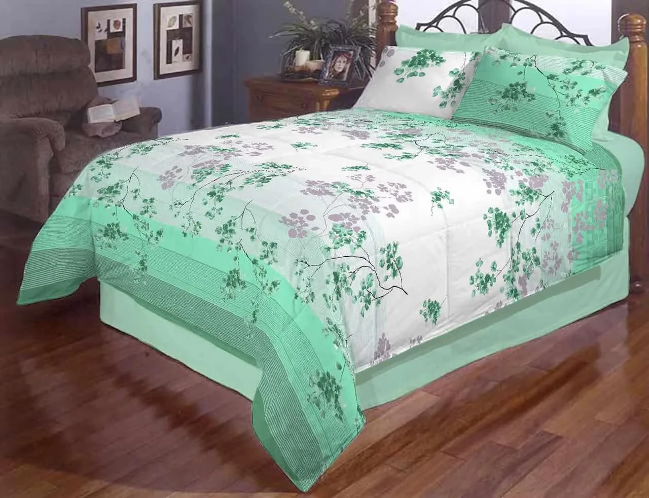 Тканина для постільної білизни Бязь "Gold" Lux "Гілочки (зелений)" GL386