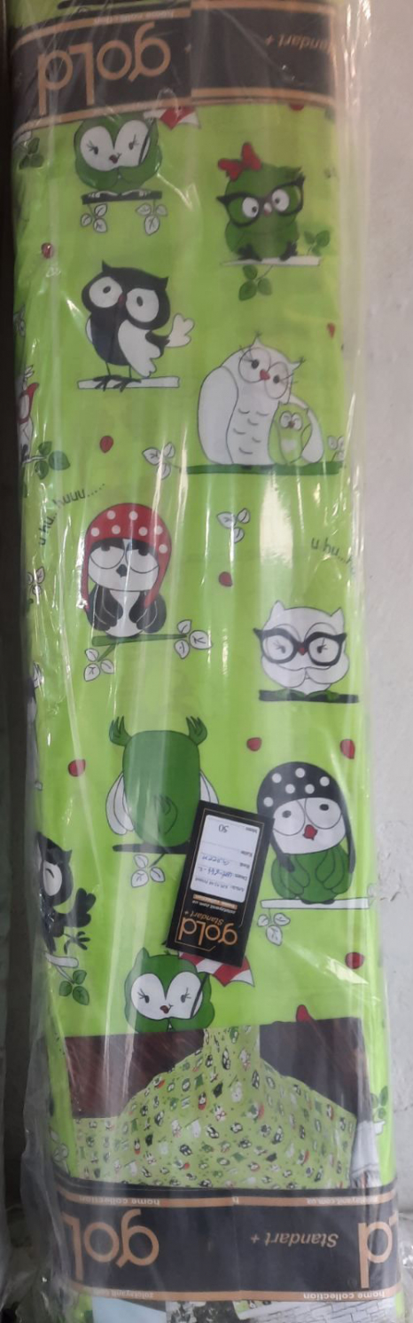 Тканина для постільної білизни Бязь "Gold" Lux дитяча "Совушки (зелена)" GLB3019green