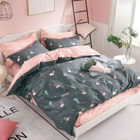 Тканина для постільної білизни Бязь "Gold" Lux "Рожеві фламінго (дрібний, графітовий)" GL1288 (A+B) - (50м+50м).