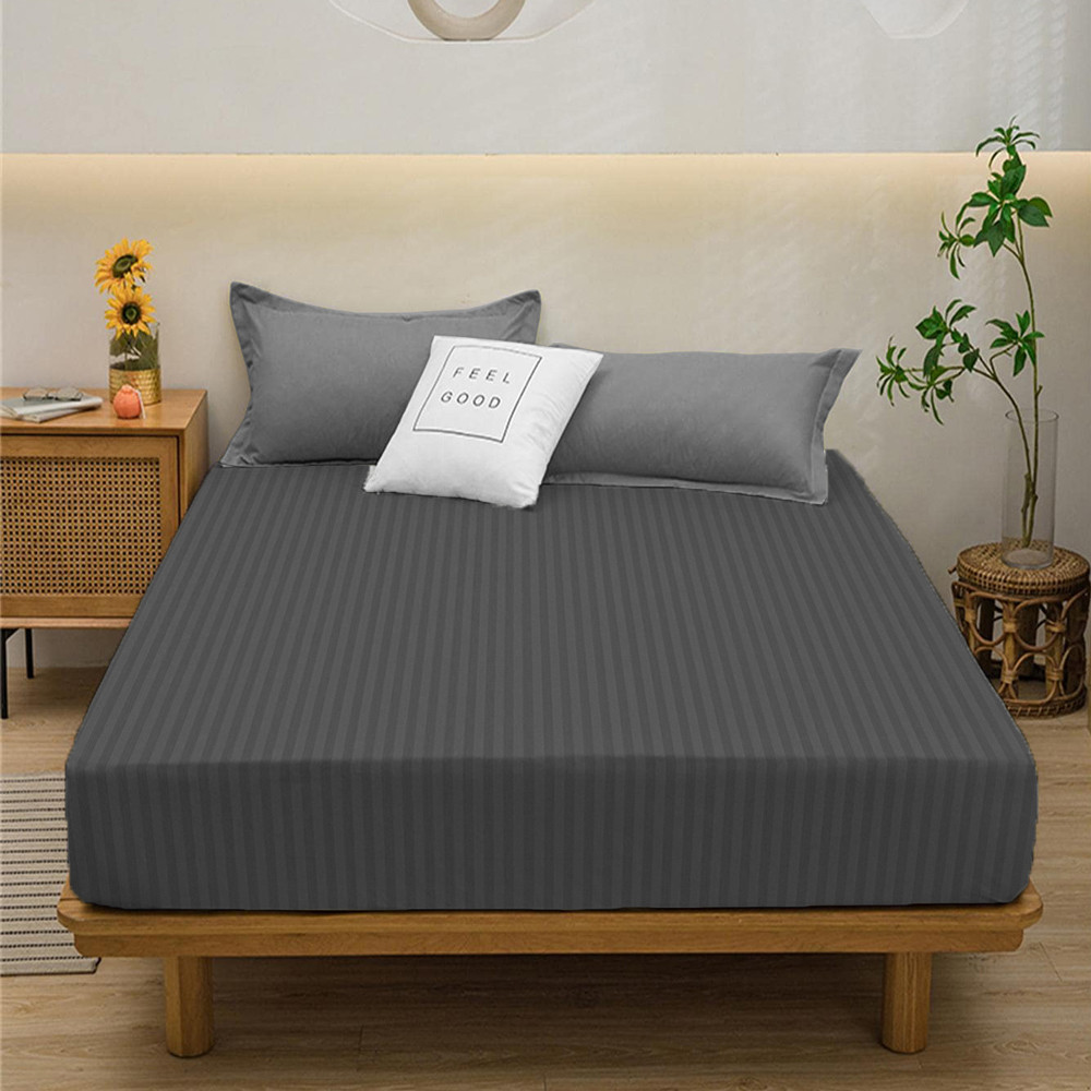 Простирадло на резинці (180*200*25) темно-сіре смугасте №10026