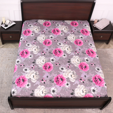 Простынь на резинке (180*200*25) серая с цветочным принтом №667785