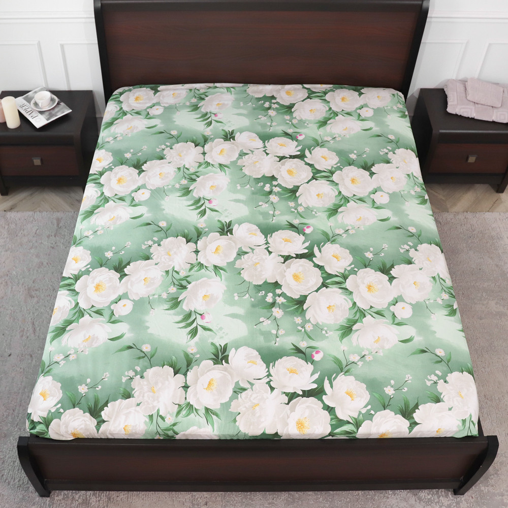 Простирадло на резинці (90*200*25) зелене з квітковим принтом №668289
