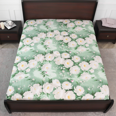 Простирадло на резинці (90*200*25) зелене з квітковим принтом №668289