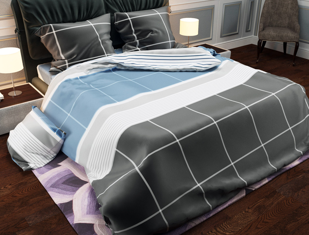 Ткань для постельного белья Бязь "Gold" Lux "Клетка (серый, голубой, большая)" GL945.