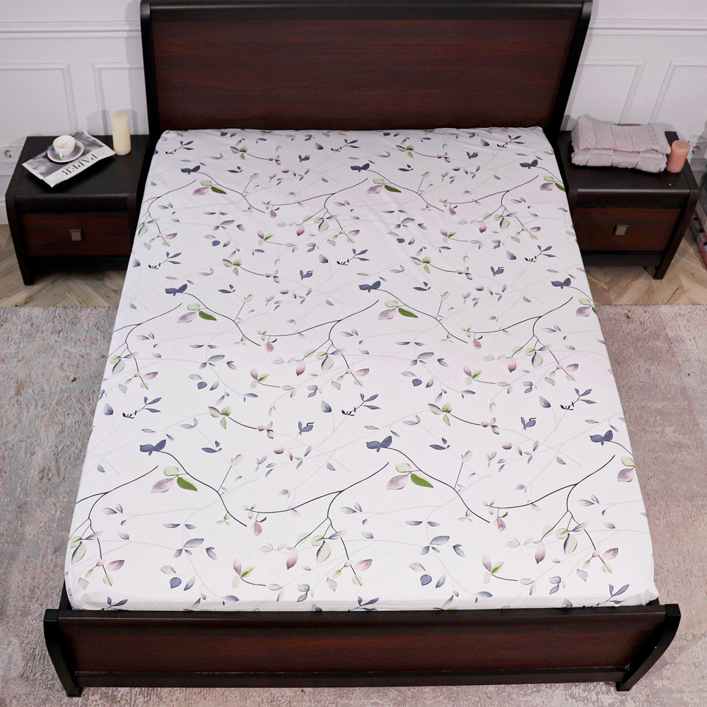 Простынь на резинке (90*200*25) белая с растительным принтом №668378