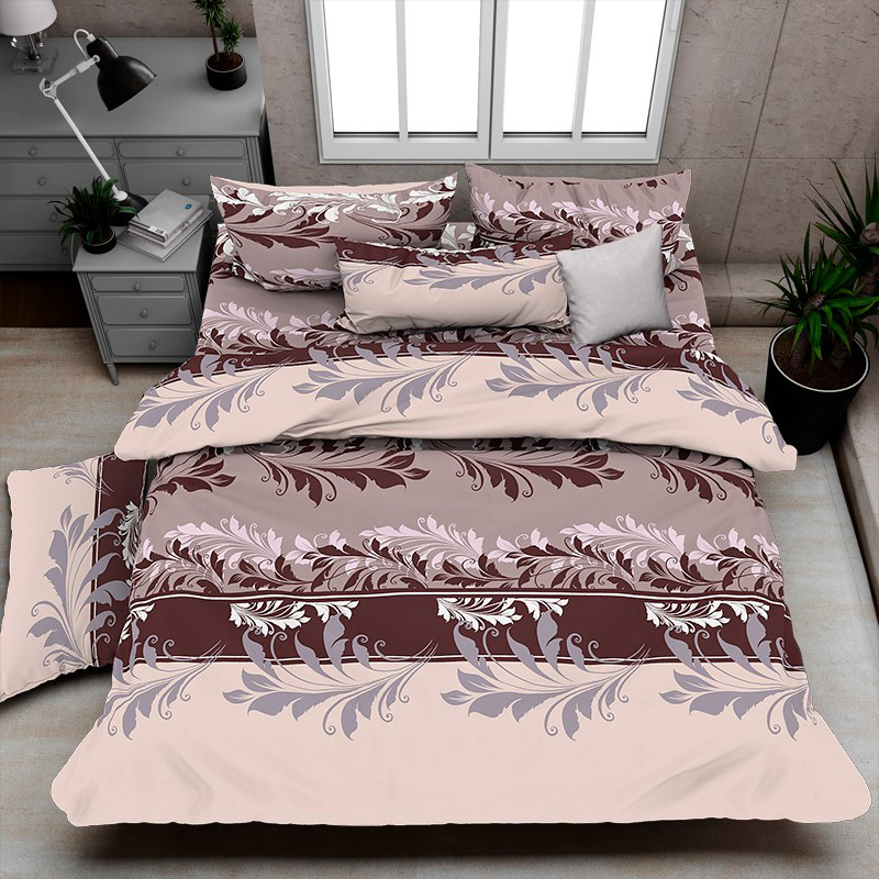 Ткань для постельного белья Бязь "Gold" Lux "Абстрактный принт (завитки, полоска, коричневый)" GL1137A