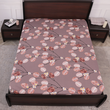 Простынь на резинке (140*200*25) коричневая с растительным принтом №6679431