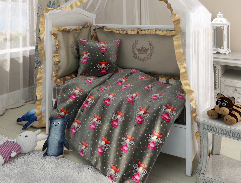 Ткань для постельного белья Бязь "Gold" Lux детская "Феи (серый)" GLB121