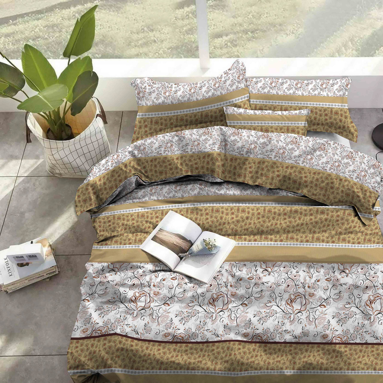 Ткань для постельного белья Бязь "Gold" "Тигрово-цветочный принт" GLL15036ltbrown