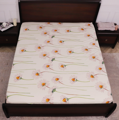 Простынь на резинке (180*200*25) молочное с цветочным принтом №665407