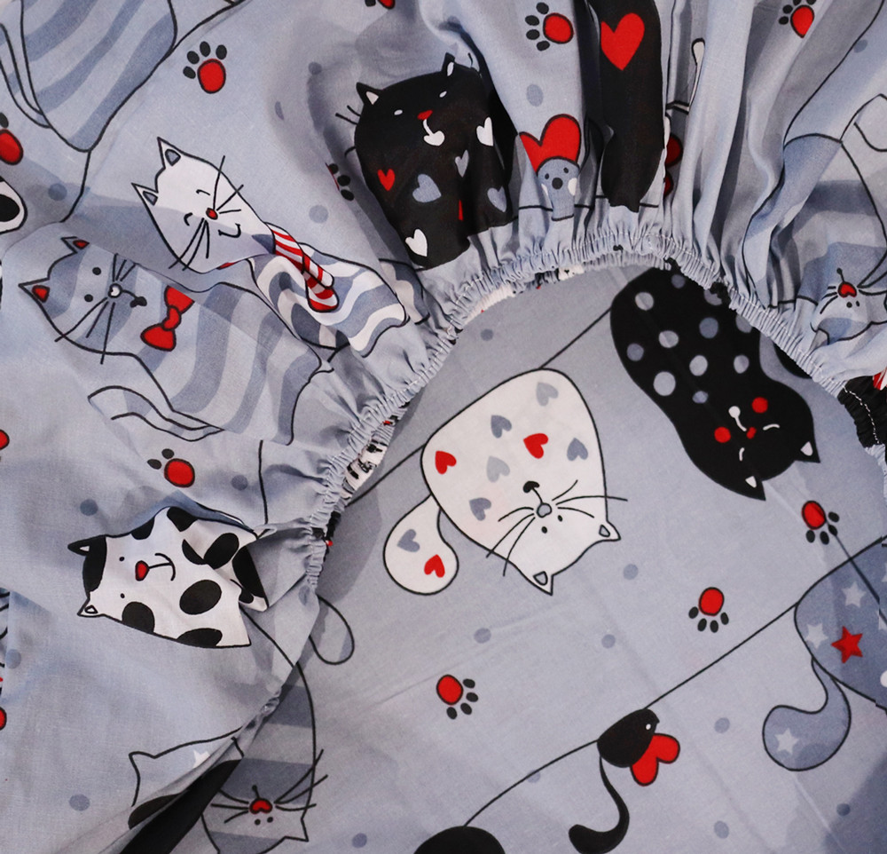 Простирадло на резинці (90*200*25) сіре з принтом котиків №667074