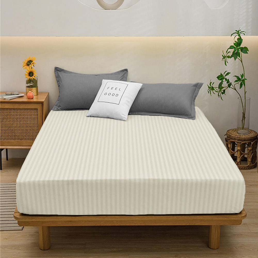 Простынь на резинке (90*200*25) кремовая в полоску №10023